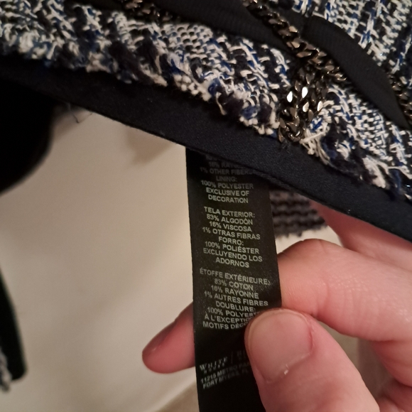 White House Black Market Blazer Jacket Women's 14 Blue Tweed Fringe Chain Formal - Picture 5 of 10